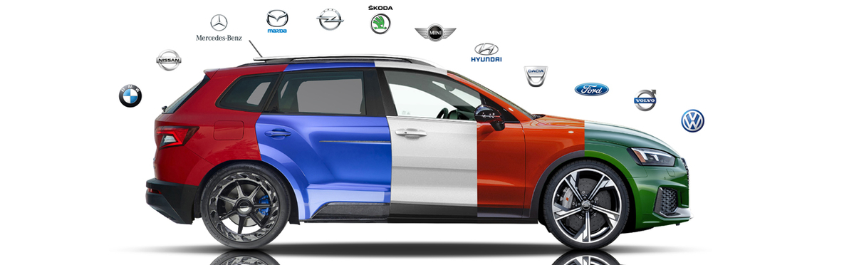 Fotocollage eines aus mehreren Autoteilen zusammengesetzen Autos mit einer Auswahl von verschiedenen Automarken, die über dem Auto angeordnet sind