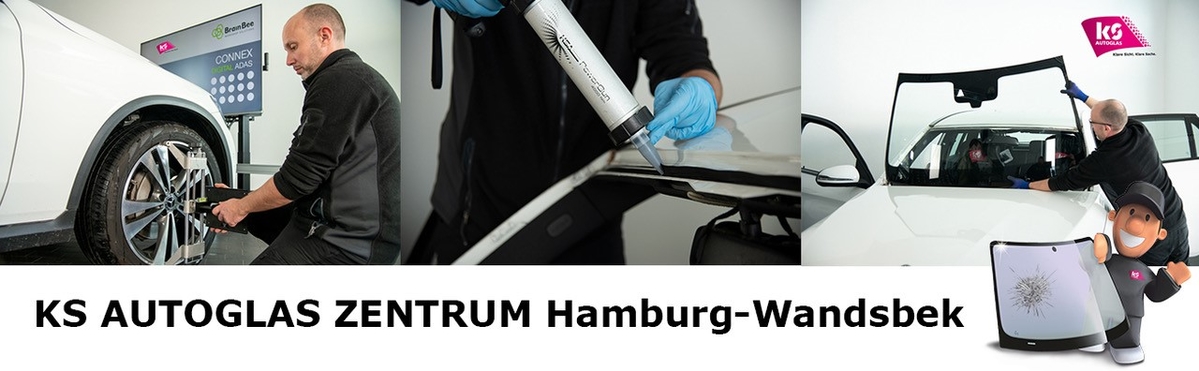 Schriftzug "KS Autoglas Zentrum Hamburg-Wandsbek", darüber 3 Bilder die Werkstattarbeiten symbolisieren
