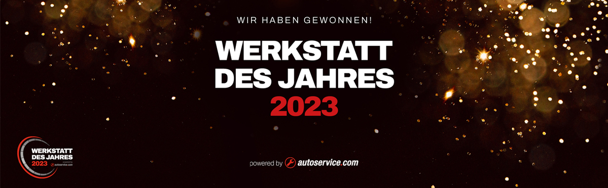 Banner mit Slogan "Werkstatt des jahres 2023"