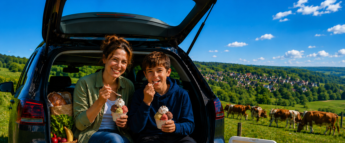 Mutter und Sohn essen Eis im offenen Kofferraum sitzend